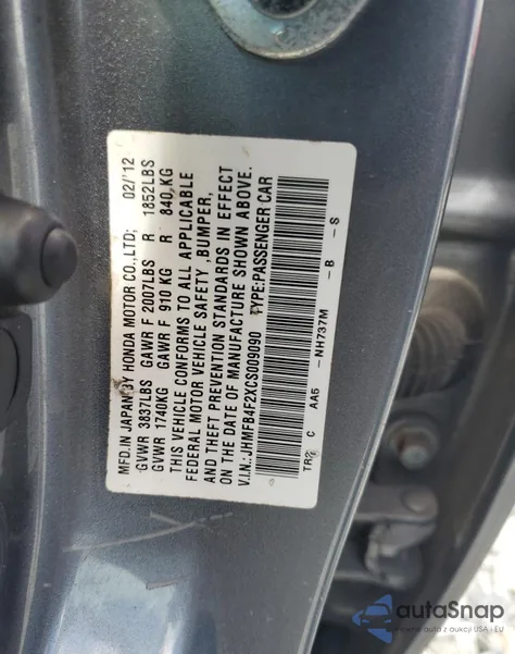 2012 Honda Civic Hybrid z USA, uszkodzony, nr VIN JHMFB4F2XCS009090